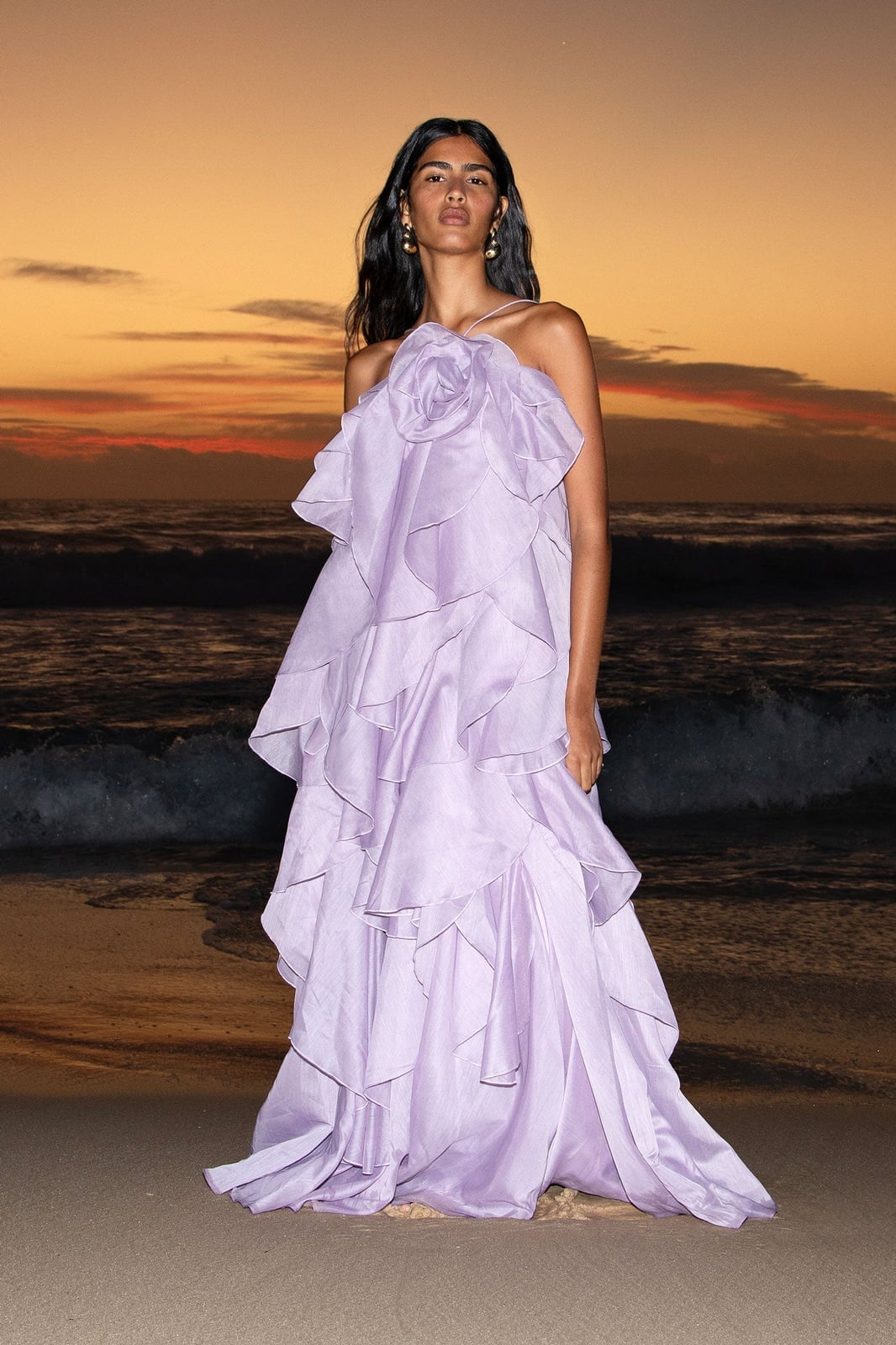 Strapless Lilac Maxi Dress with Ruffles and Floral Applique Strapless Lilac Maxi Dress with Ruffles and Floral Applique — Purple Dress