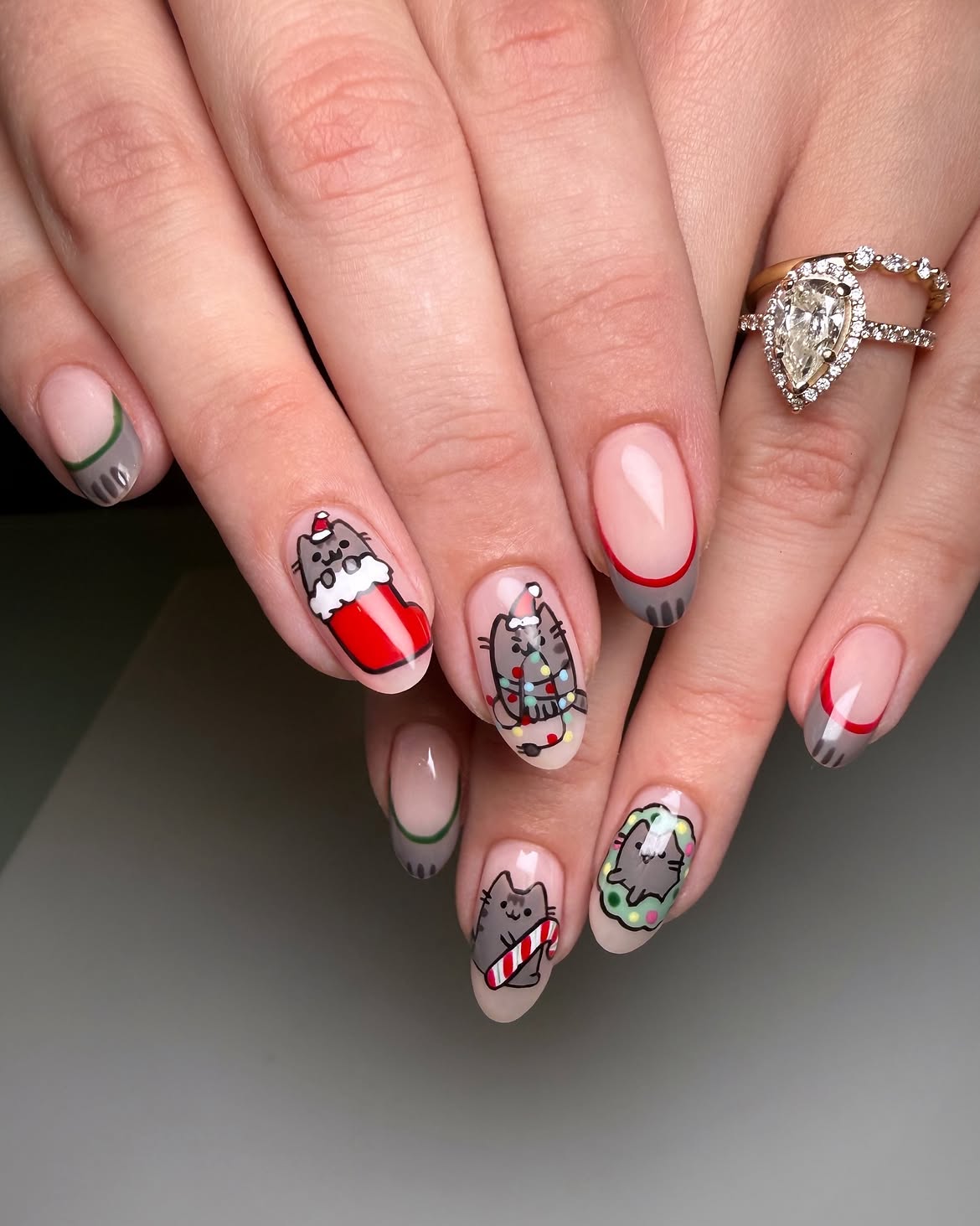 Pusheen Christmas Character French Tip Nails