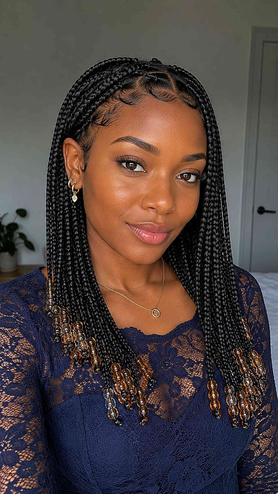 Long Black Box Braids With Amber Beads Long Black Box Braids With Amber Beads — Quick Braids Hairstyle