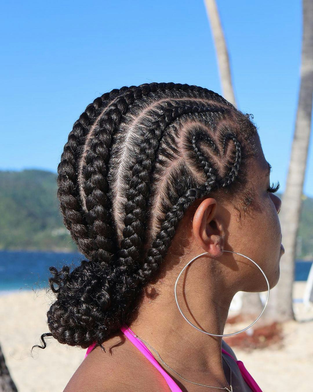 Heart Shaped Cornrows With Bun And Curly Ends Heart Shaped Cornrows With Bun And Curly Ends — Quick Braids Hairstyle