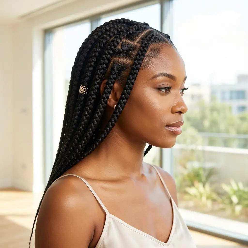 Thick Straight Box Braids With Geometric Parting Thick Straight Box Braids With Geometric Parting — Quick Braids Hairstyle