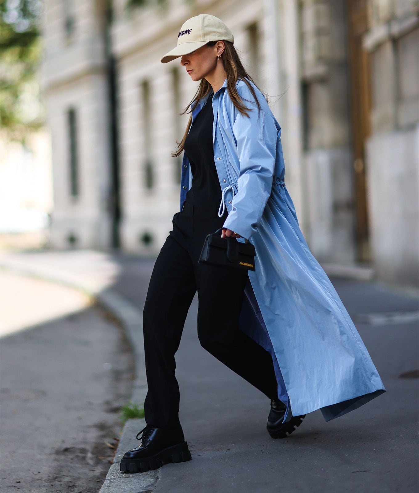 Light blue oversized coat over black jumpsuit Light blue oversized coat over black jumpsuit — Rainy Day Outfits