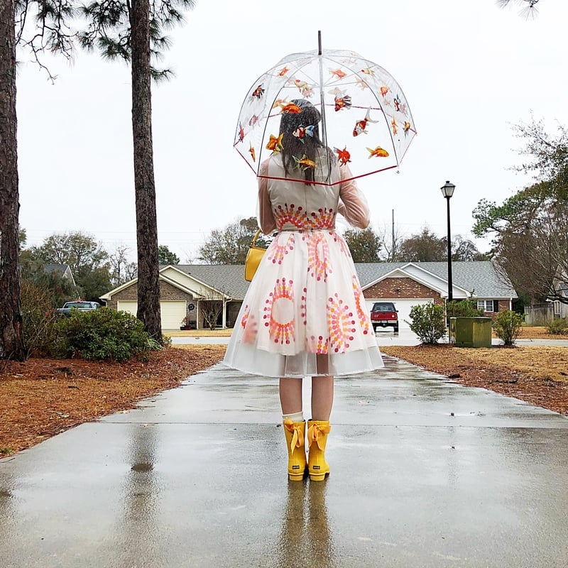 White printed dress with yellow rain boots White printed dress with yellow rain boots — Rainy Day Outfits