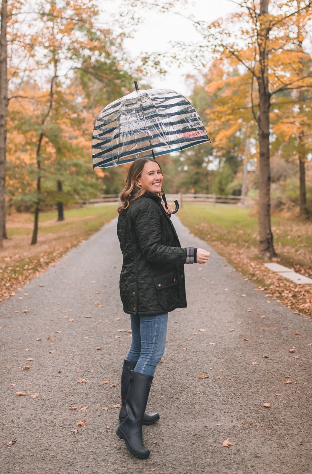 Black quilted jacket over plaid shirt and blue jeans Black quilted jacket over plaid shirt and blue jeans — Rainy Day Outfits
