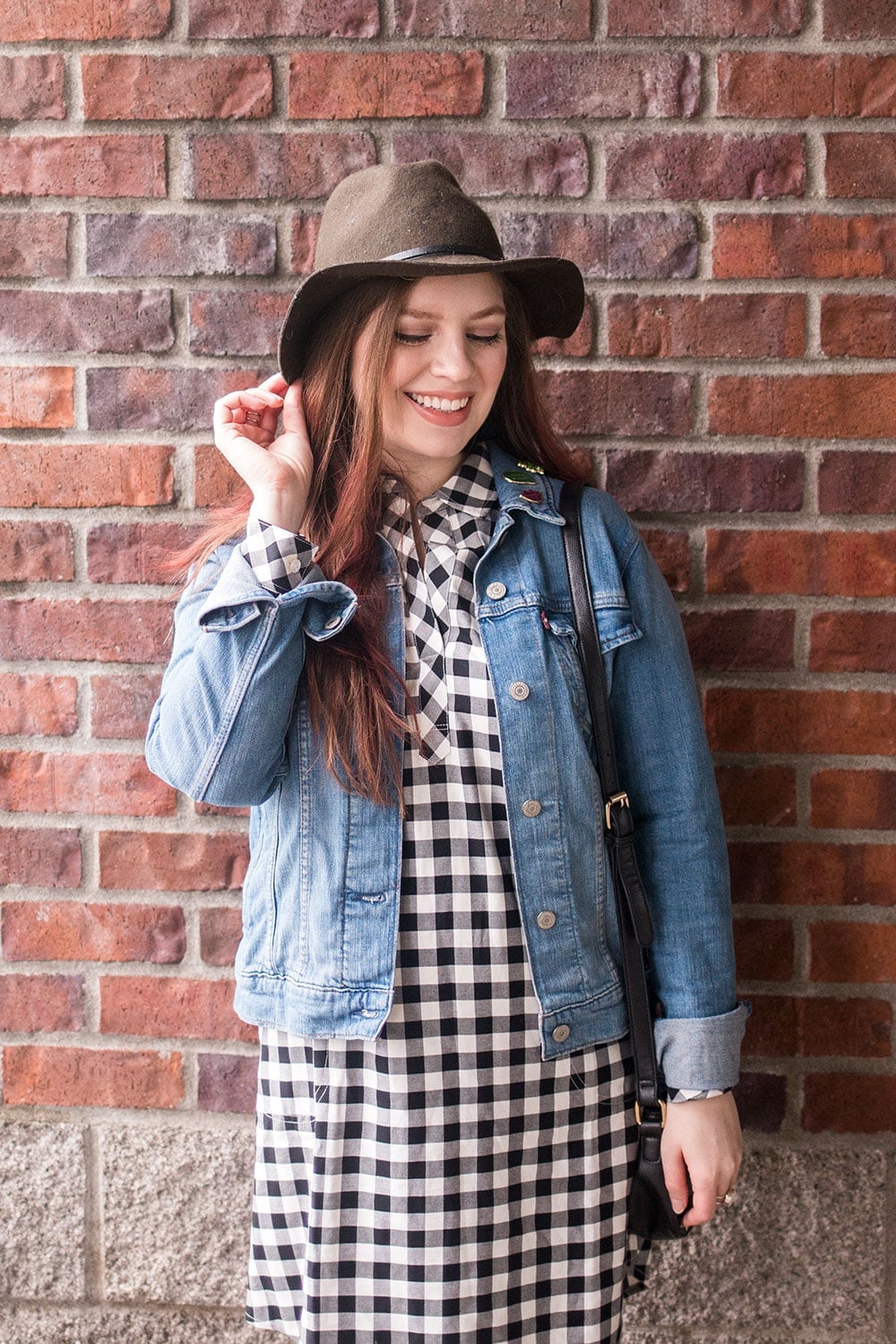 Blue denim jacket over black and white gingham dress, Close-Up Take Blue denim jacket over black and white gingham dress, Close-Up Take — Rainy Day Outfits