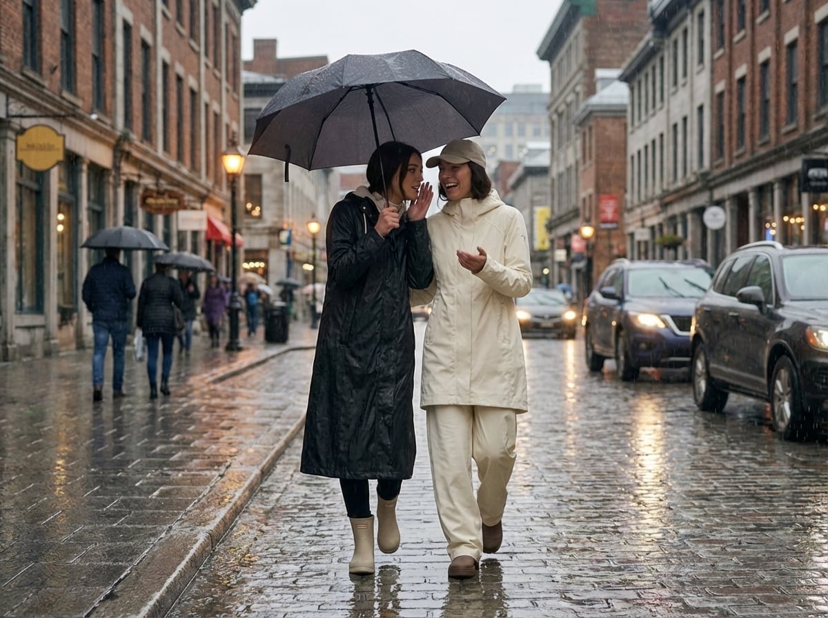 Black trench coat over cream outerwear with beige boots Black trench coat over cream outerwear with beige boots — Rainy Day Outfits