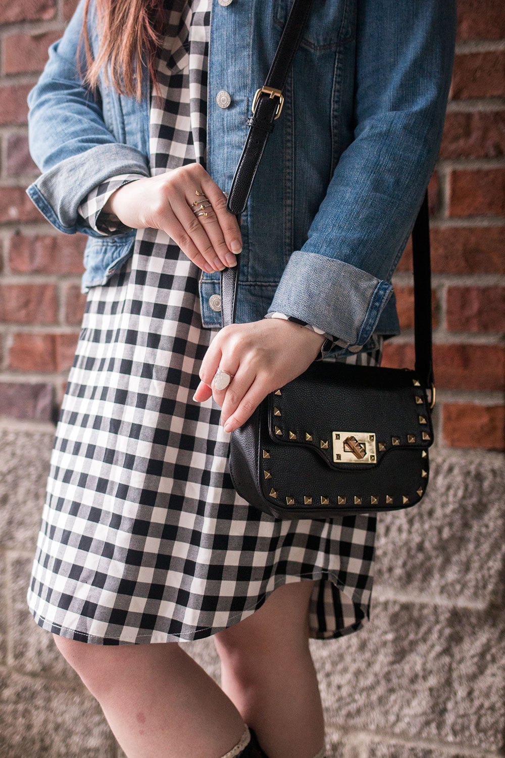 Denim jacket over black and white gingham dress with black boots Denim jacket over black and white gingham dress with black boots — Rainy Day Outfits