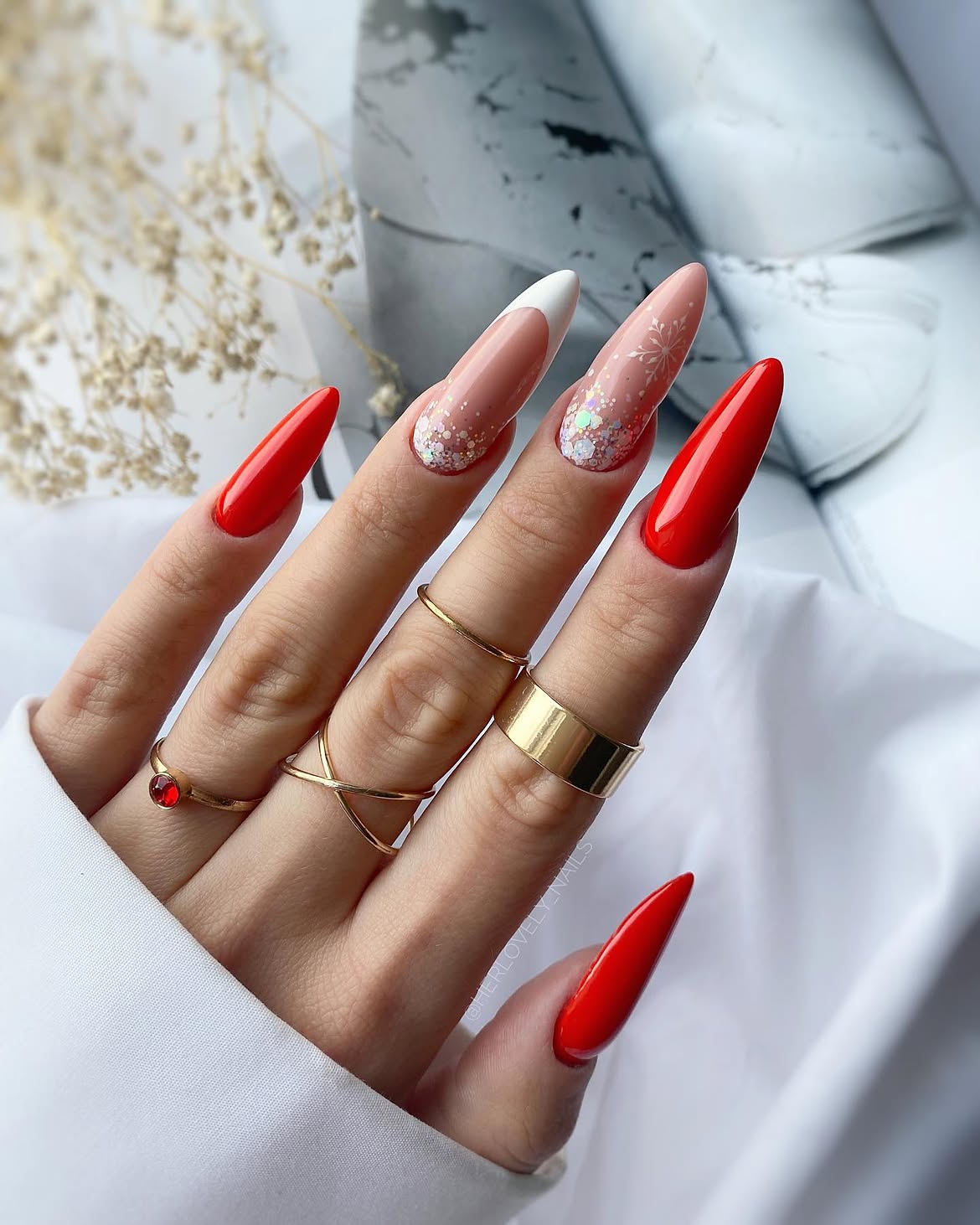 Red Almond French Tips with Snowflakes