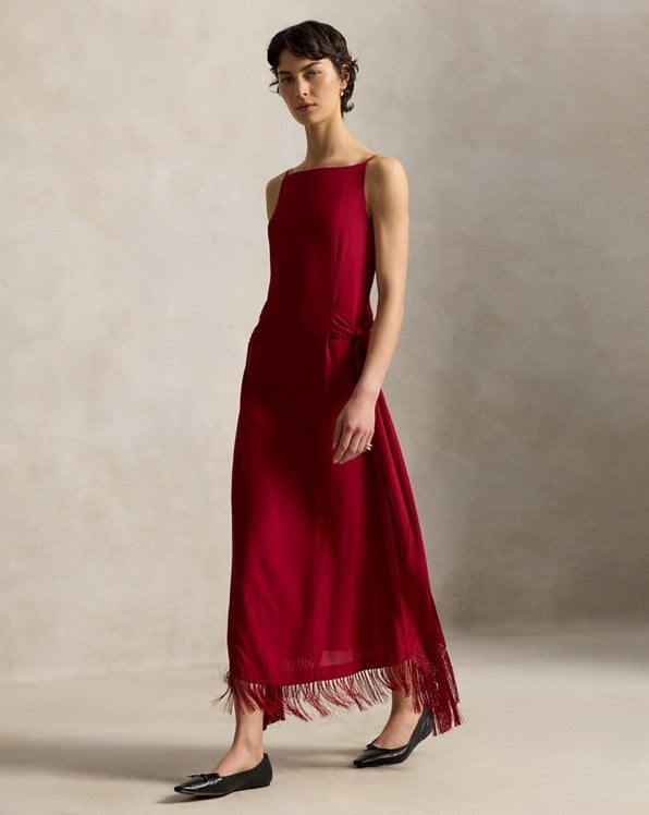 Red Crepe Slip Dress With Fringed Hem Red Crepe Slip Dress With Fringed Hem — Red Dresses