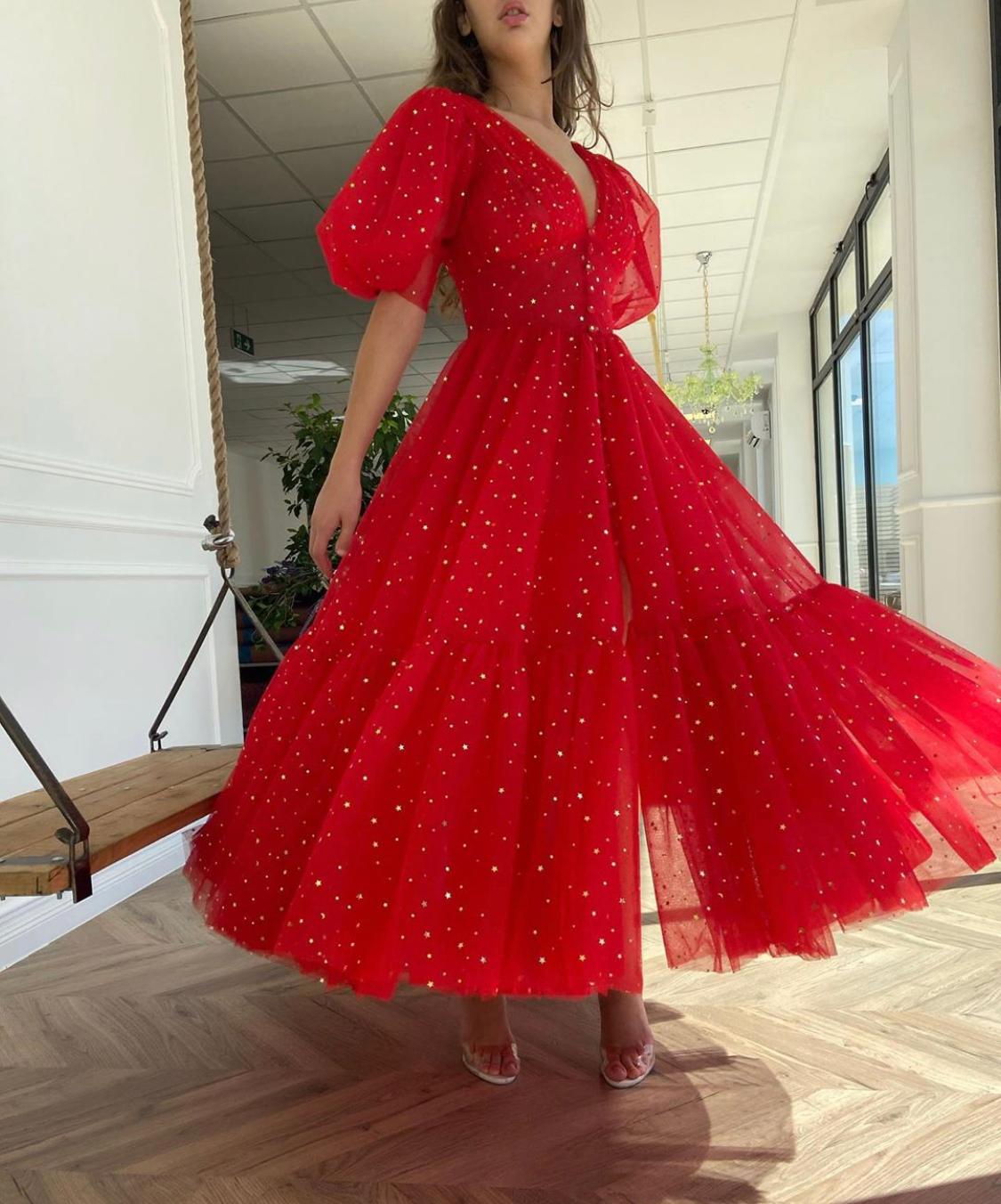 Red Tulle Dress With Gold Stars And Puff Sleeves Red Tulle Dress With Gold Stars And Puff Sleeves — Red Dresses