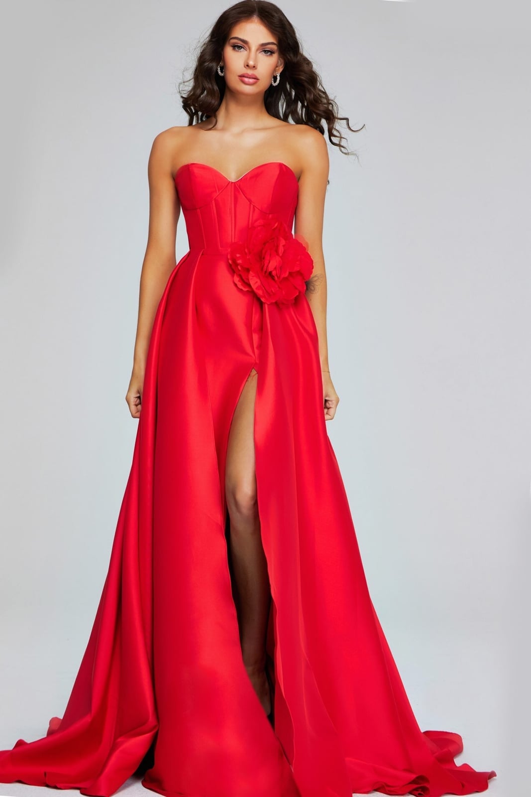 Red Satin A-Line Gown With Floral Accent Red Satin A-Line Gown With Floral Accent — Red Dresses