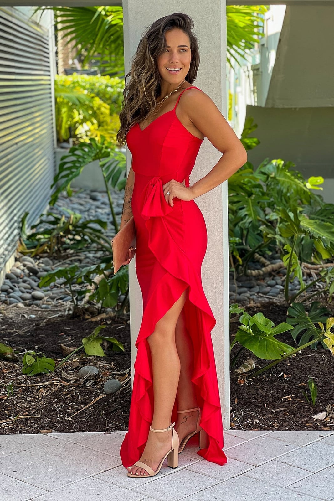 Fitted Red Maxi Dress With Ruffle Slit Fitted Red Maxi Dress With Ruffle Slit — Red Dresses