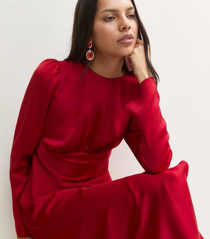 Bright Red Satin Midi Dress With Puff Sleeves Bright Red Satin Midi Dress With Puff Sleeves — Red Dresses
