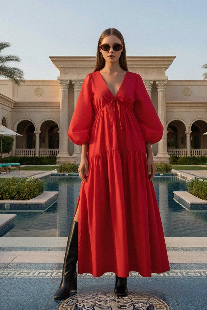 Red Puff Sleeve Maxi Dress With Tiered Skirt Red Puff Sleeve Maxi Dress With Tiered Skirt — Red Dresses