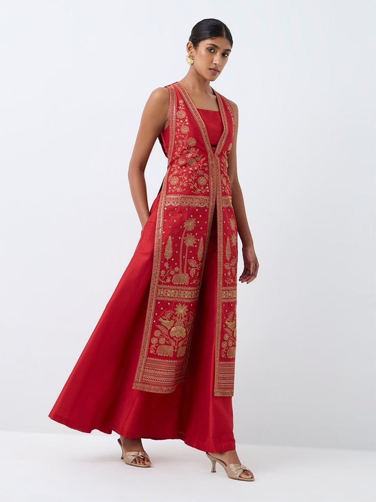 Red A-Line Dress With Embroidered Vest Red A-Line Dress With Embroidered Vest — Red Dresses
