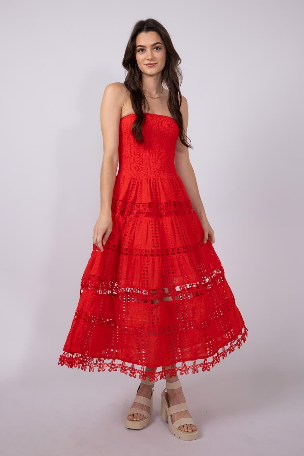 Bright Red Eyelet Cotton Strapless Midi Dress Bright Red Eyelet Cotton Strapless Midi Dress — Red Dresses