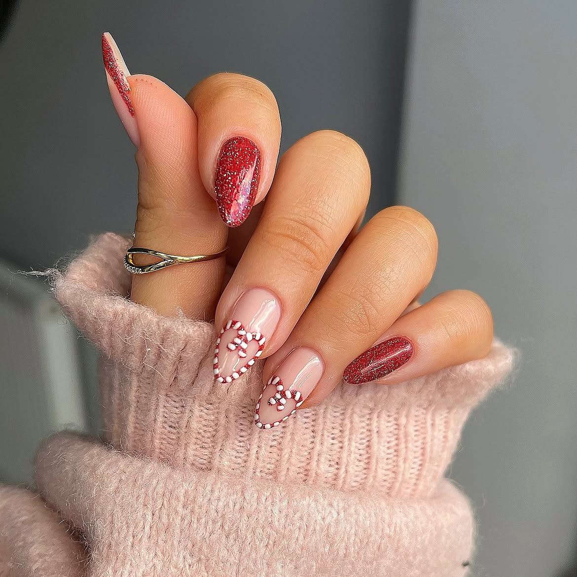 Red Glitter Candy Cane French Tip Almond Nails