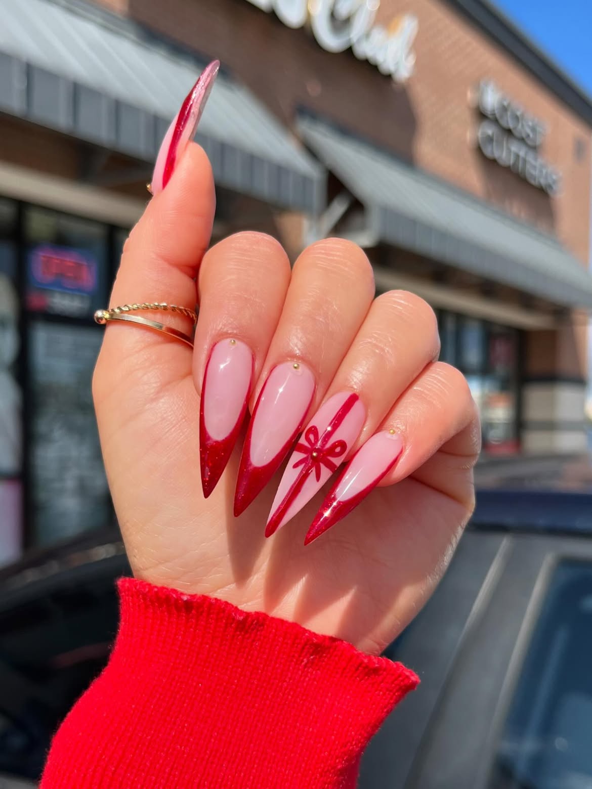 Red Glitter French Bow Stiletto Nails