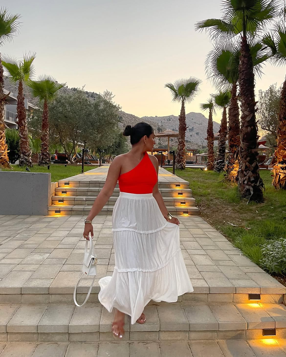 Red One Shoulder Top And White Tiered Maxi Skirt