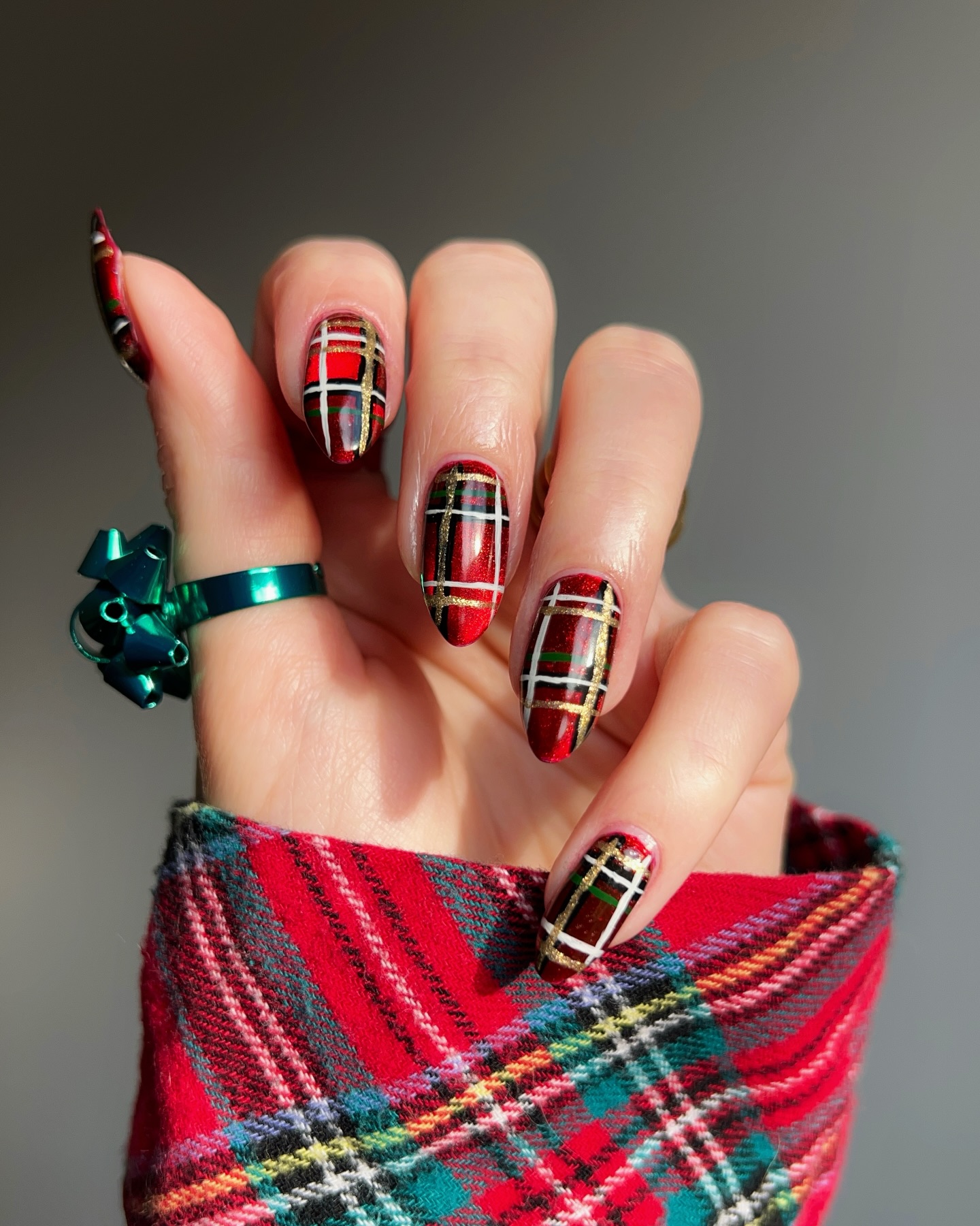 Red Plaid Christmas Almond Nails With Gold Accents
