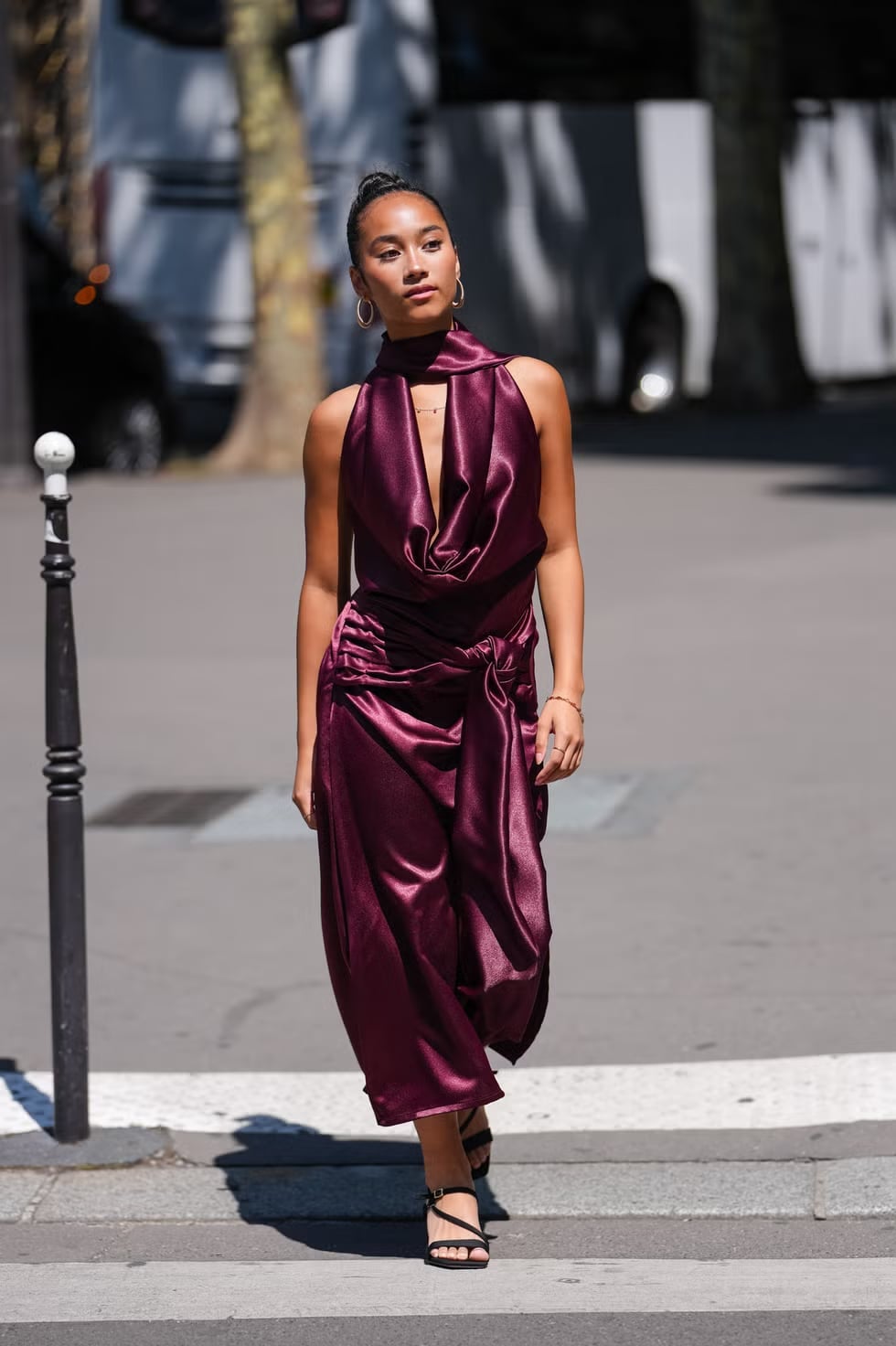 Plum satin halter dress for an evening event Plum satin halter dress for an evening event — Restaurant Outfit