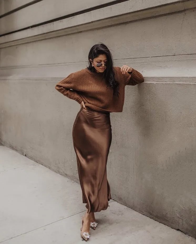 Cropped knit sweater with bronze satin midi skirt Cropped knit sweater with bronze satin midi skirt — Restaurant Outfit