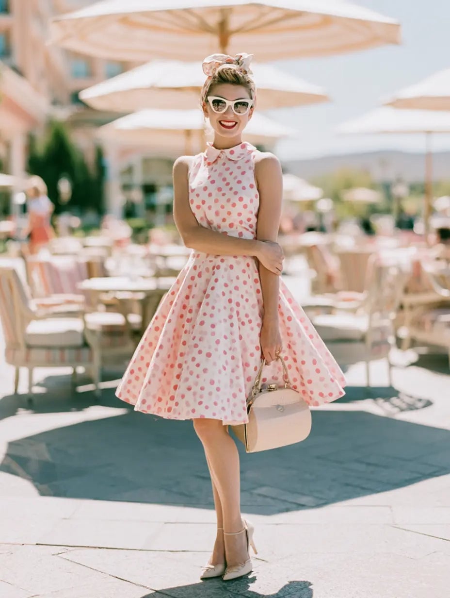 Pink Polka Dot Dress With Flared Skirt Pink Polka Dot Dress With Flared Skirt — Retro Outfits