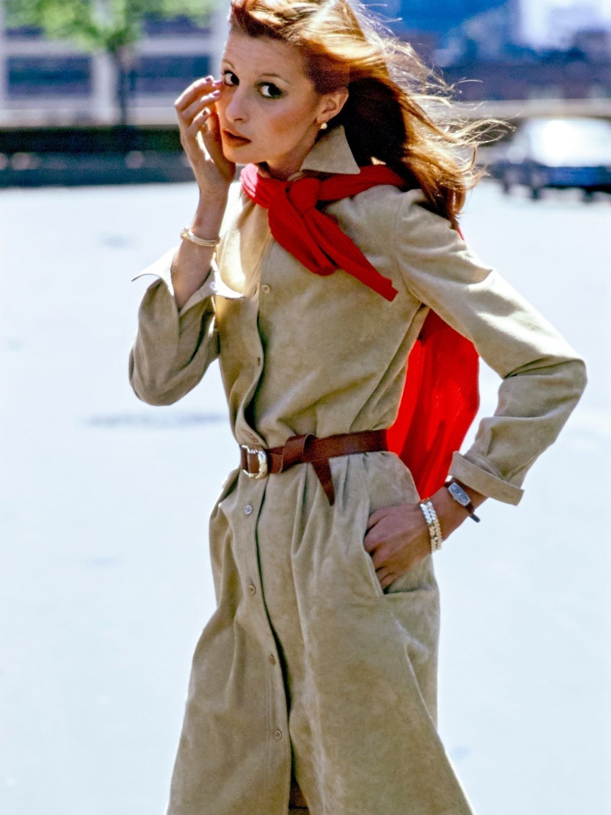 Tan Suede-Like Shirt Dress With Red Scarf Tan Suede-Like Shirt Dress With Red Scarf — Retro Outfits