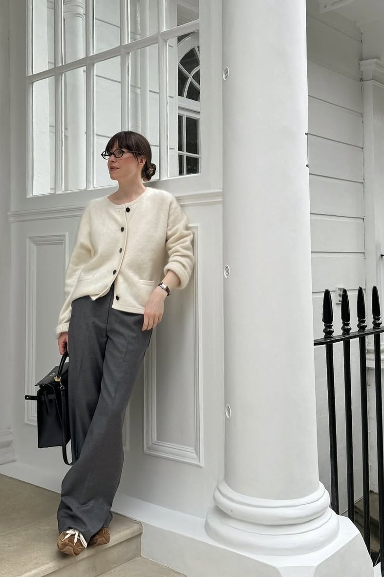 Cream Cardigan With Gray Wide-Leg Trousers Cream Cardigan With Gray Wide-Leg Trousers — Retro Outfits