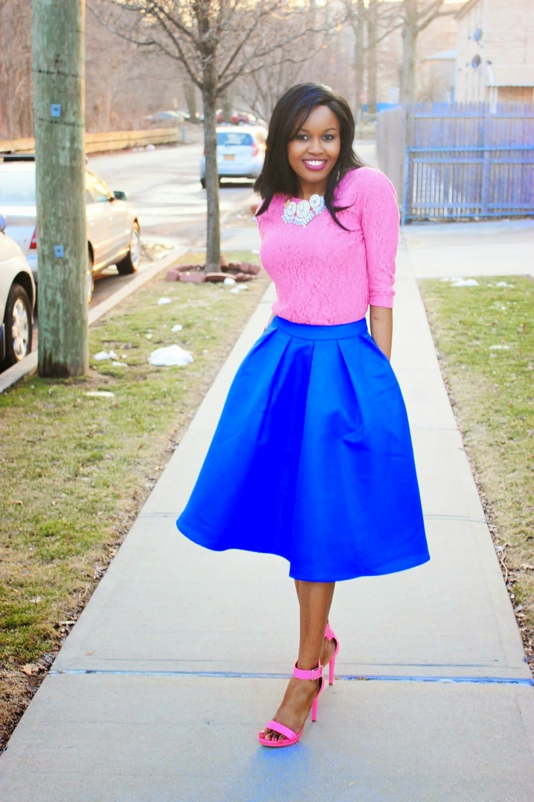Pink Lace Top With Blue Full Skirt Pink Lace Top With Blue Full Skirt — Retro Outfits