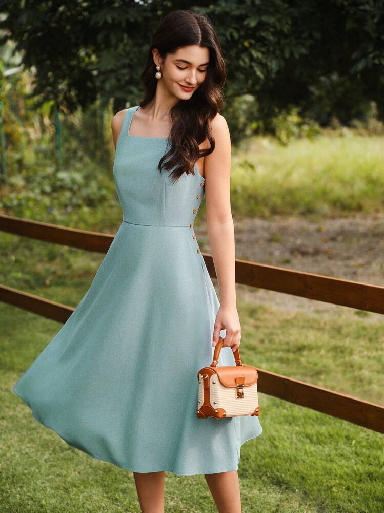 Light Blue A-Line Midi Dress With Button Detail Light Blue A-Line Midi Dress With Button Detail — Retro Outfits