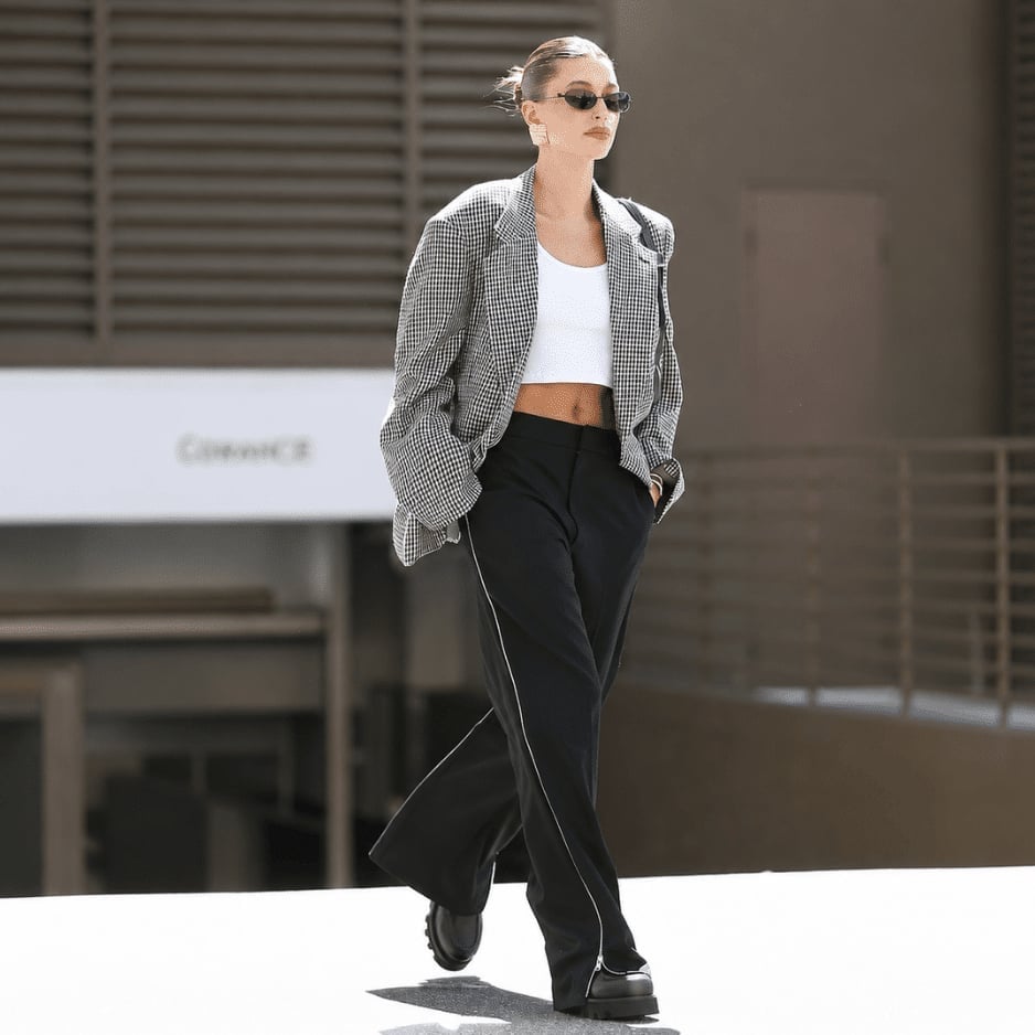 Houndstooth Blazer Over White Crop Top Houndstooth Blazer Over White Crop Top — Retro Outfits