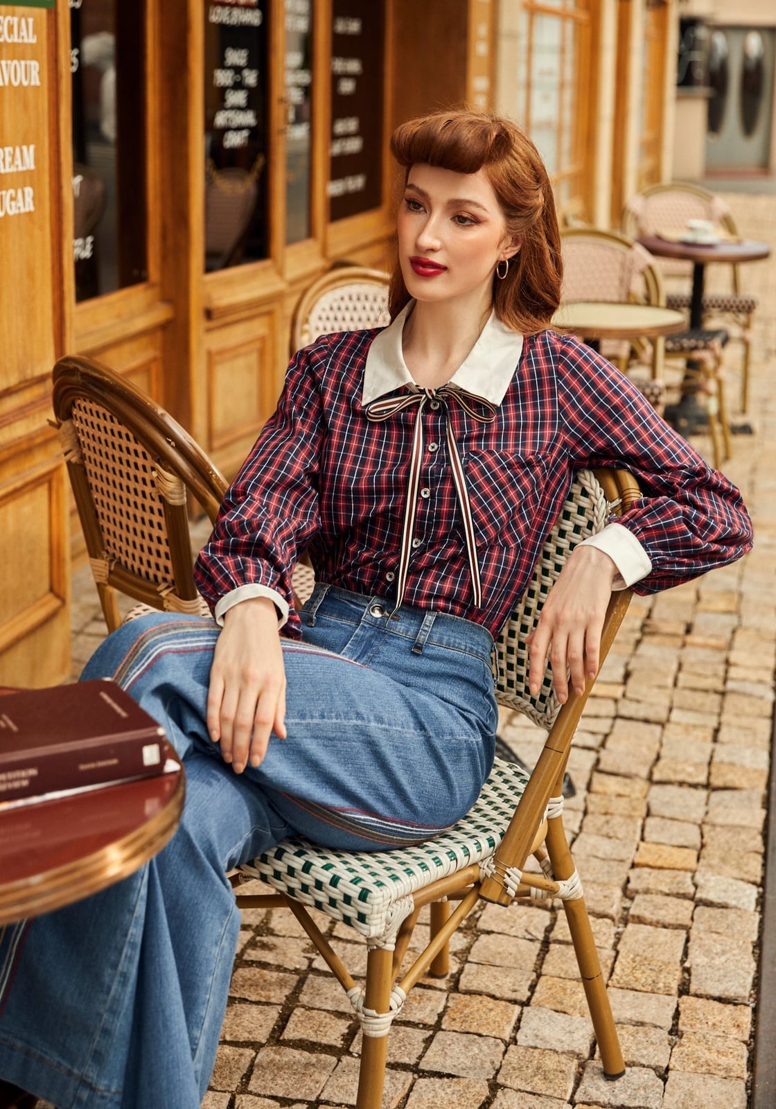 Plaid Button-Up Shirt With Striped Jeans Plaid Button-Up Shirt With Striped Jeans — Retro Outfits