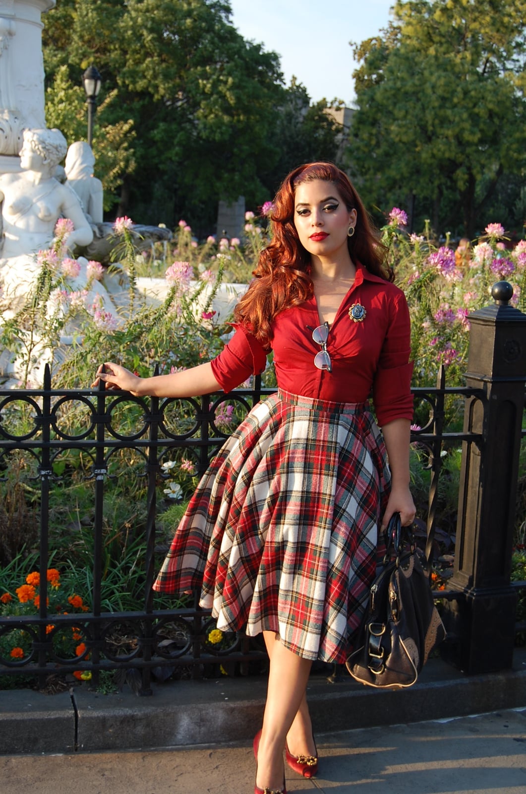 Plaid Full Circle Skirt With Collared Shirt Plaid Full Circle Skirt With Collared Shirt — Retro Outfits
