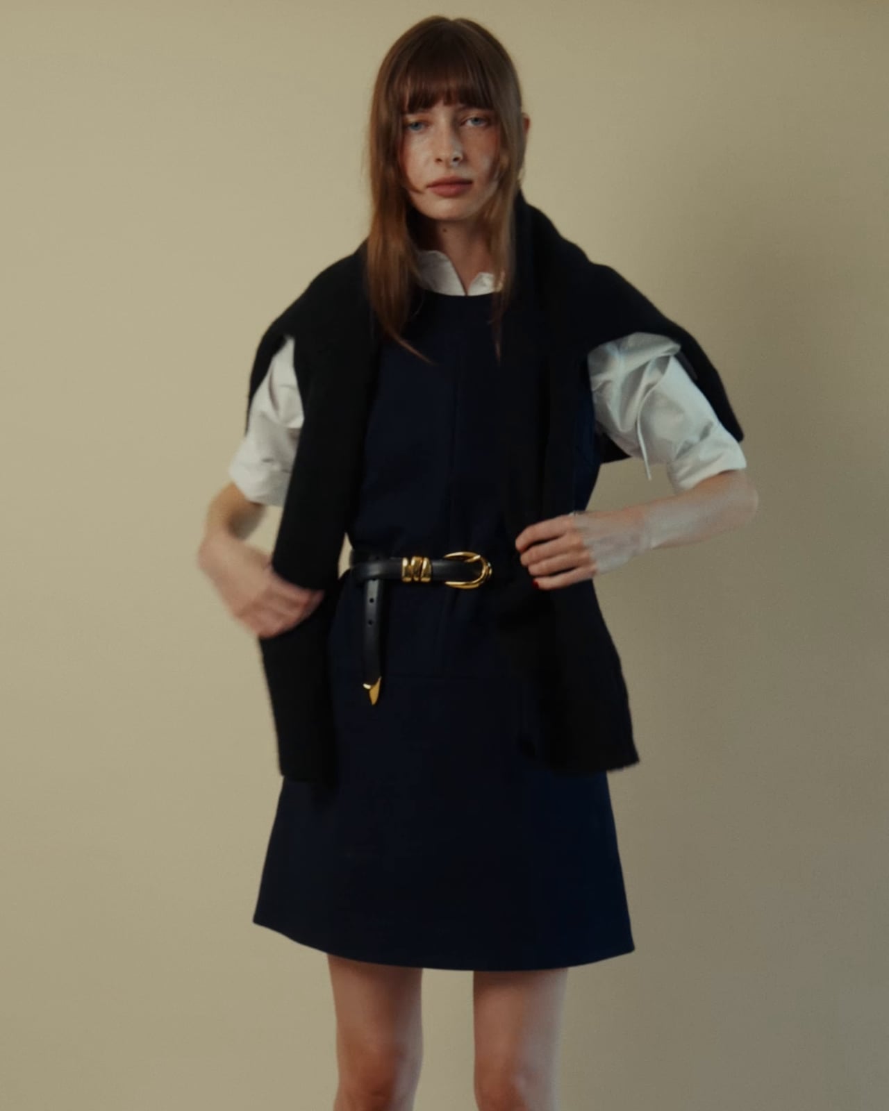 Navy A-line dress with draped sweater Navy A-line dress with draped sweater — Retro Style