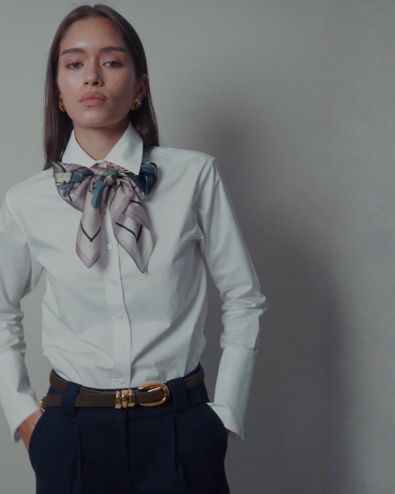 White button-down shirt with printed silk scarf White button-down shirt with printed silk scarf — Retro Style