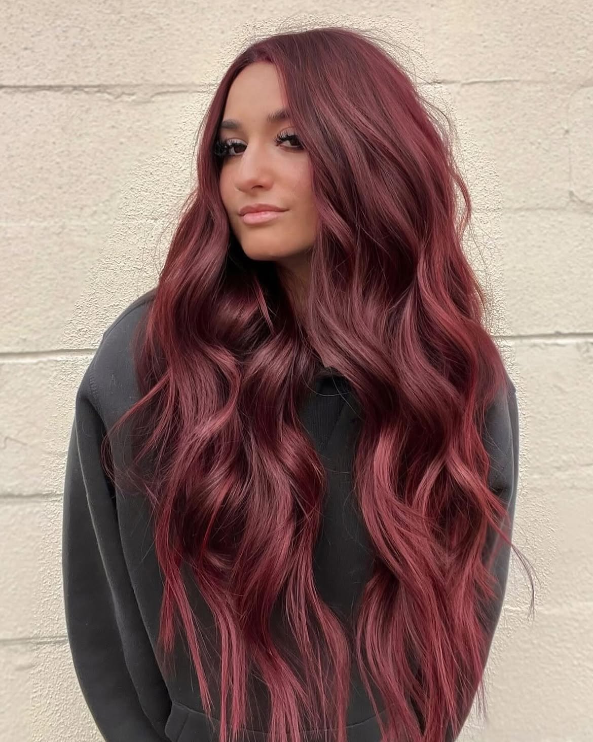Rich Burgundy Waves On Long Layered Hair