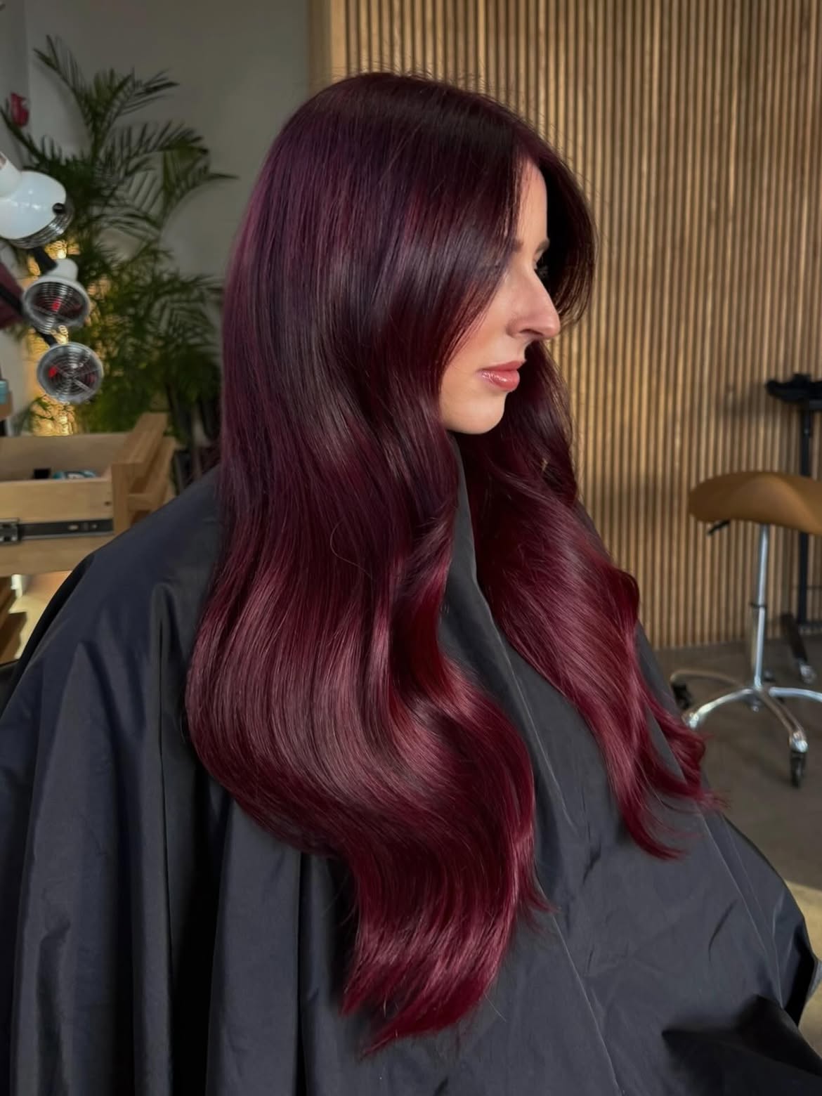 Rich Burgundy Waves With Long Curtain Bangs