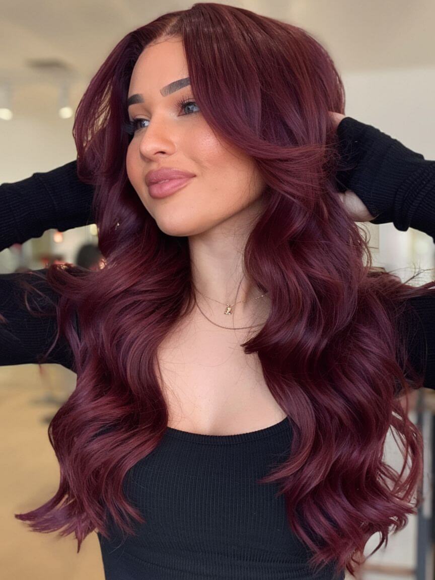 Rich Burgundy Waves With Voluminous Face Framing Layers