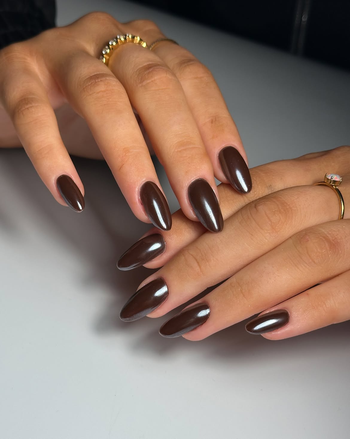 Rich Chocolate Brown Glossy Almond Nails