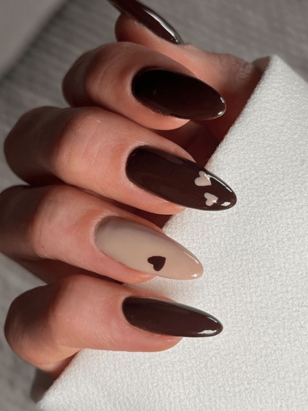 Rich Cocoa & Creamy Latte Heart Almond Nails