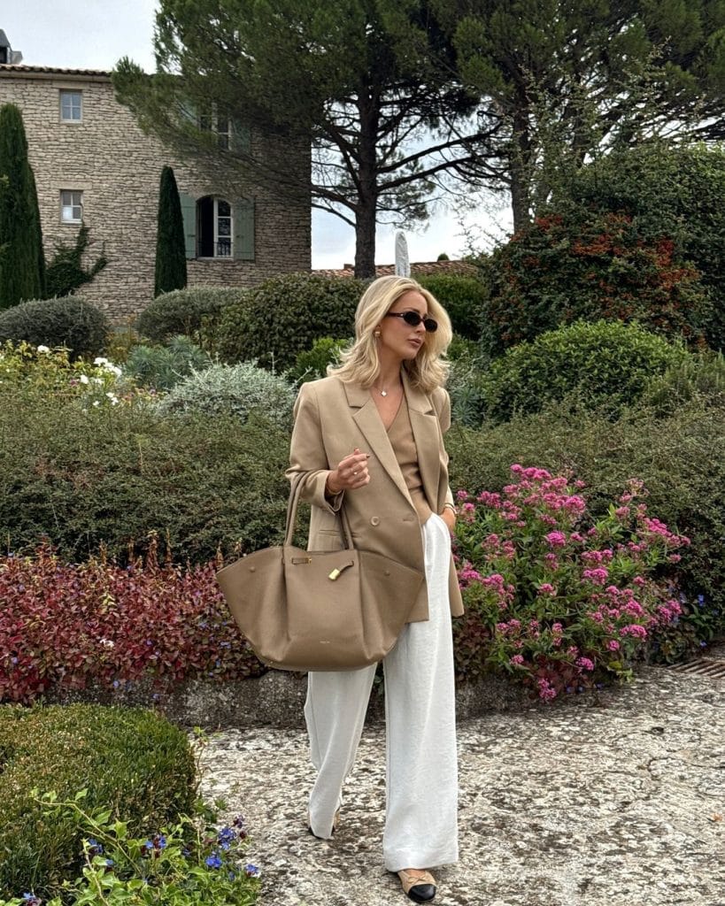 White Double-Breasted Jacket and Pleated Midi Skirt White Double-Breasted Jacket and Pleated Midi Skirt — Rich Outfits