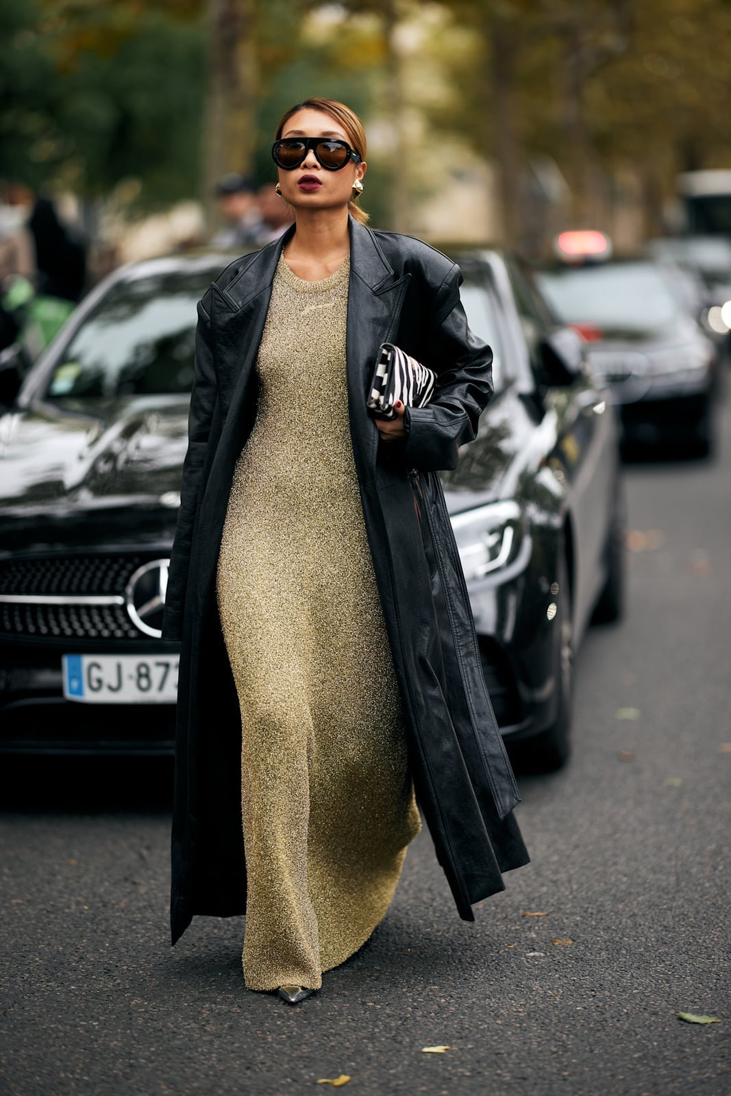 Leather Trench Coat Over Gold Metallic Maxi Dress Leather Trench Coat Over Gold Metallic Maxi Dress — Rich Outfits