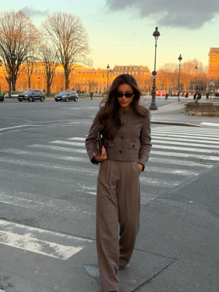 Tweed-Like Cropped Jacket and Wide Leg Trousers Tweed-Like Cropped Jacket and Wide Leg Trousers — Rich Outfits