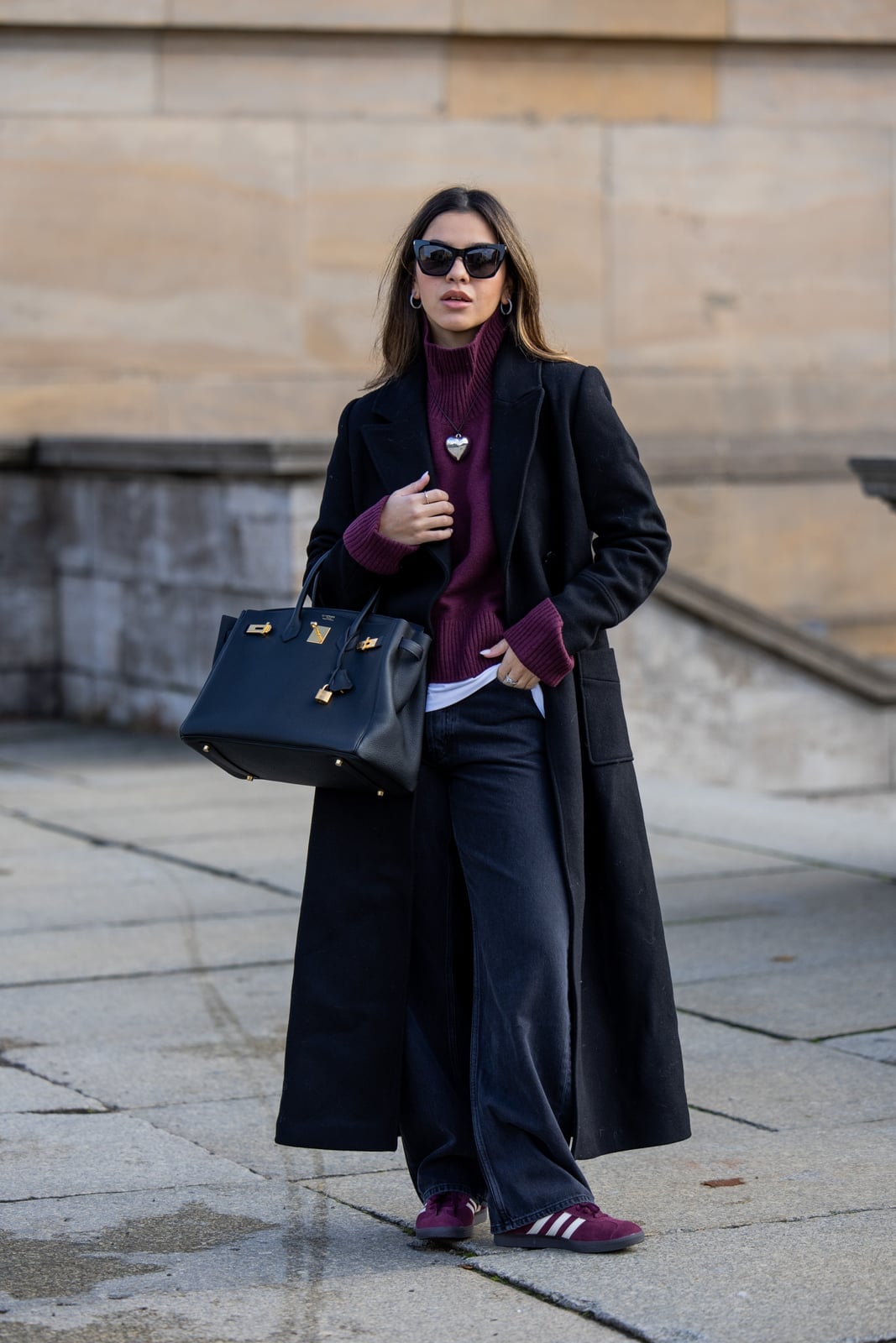 Black Wool Coat Over Burgundy Turtleneck and Gray Jeans Black Wool Coat Over Burgundy Turtleneck and Gray Jeans — Rich Outfits