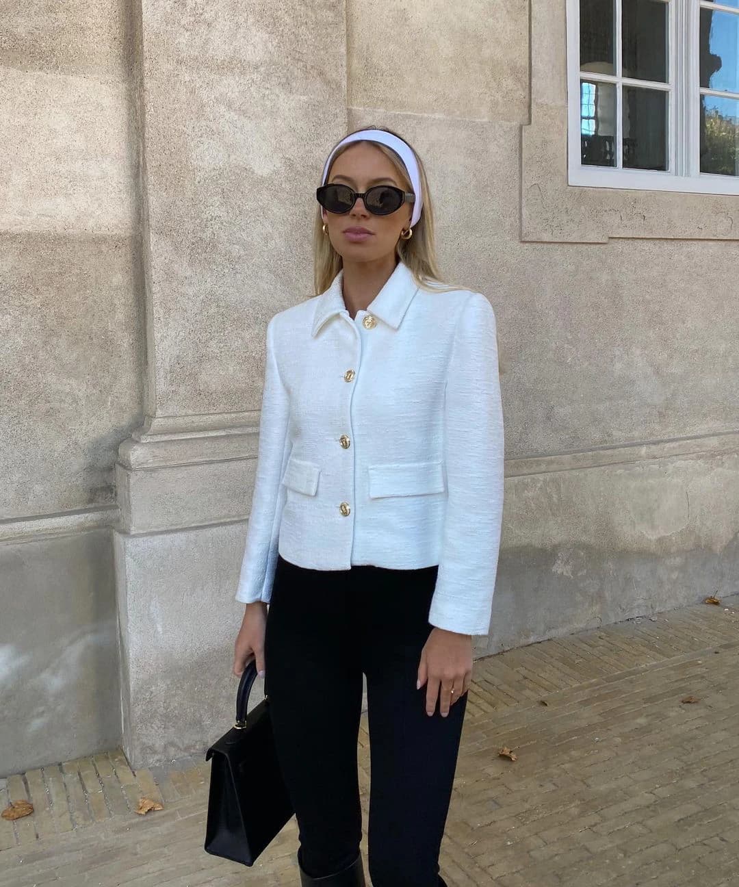 White Tweed Jacket and Black Trousers for Smart Casual White Tweed Jacket and Black Trousers for Smart Casual — Rich Outfits