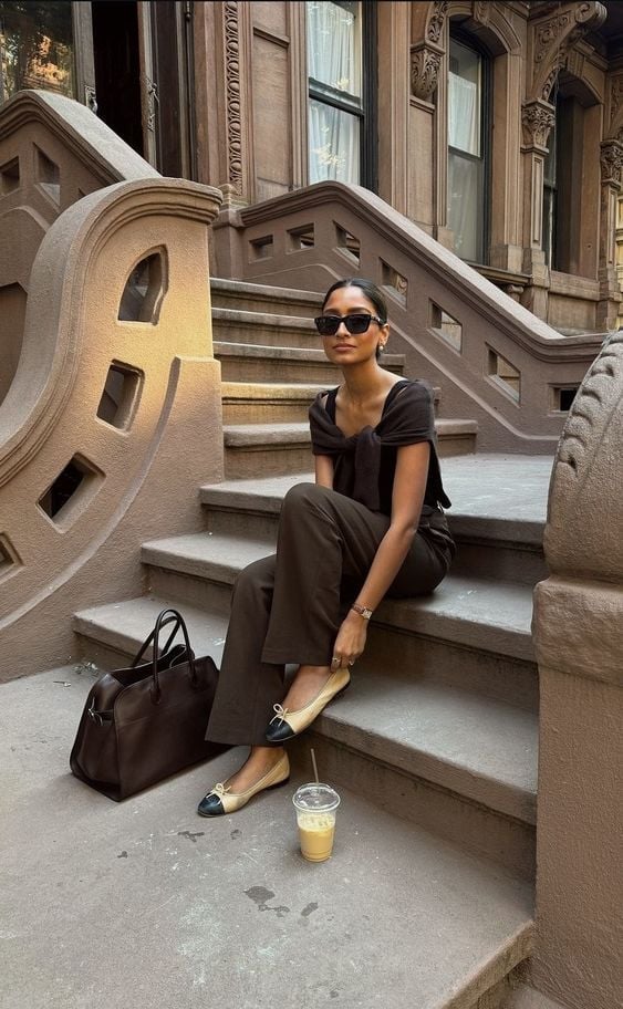 Dark Brown Wide-Leg Trousers with Tie-Front Top Dark Brown Wide-Leg Trousers with Tie-Front Top — Rich Outfits