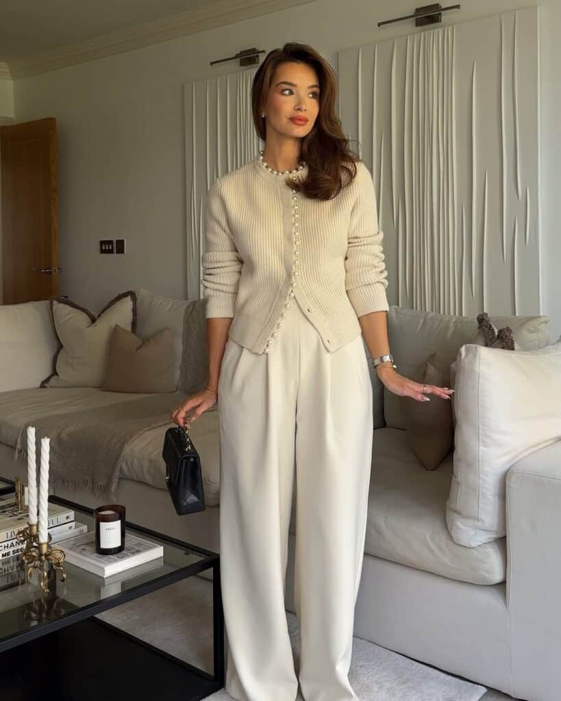 Cream Ribbed Cardigan and Trousers for Sophisticated Comfort Cream Ribbed Cardigan and Trousers for Sophisticated Comfort — Rich Outfits
