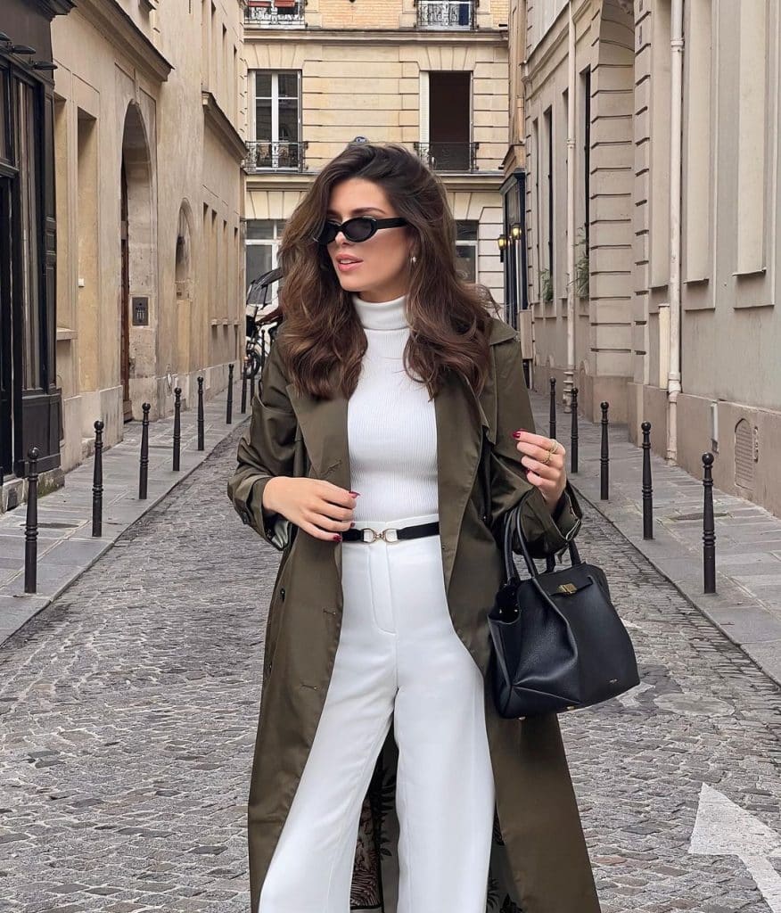 Khaki Trench Coat Over White Turtleneck and Trousers Khaki Trench Coat Over White Turtleneck and Trousers — Rich Outfits