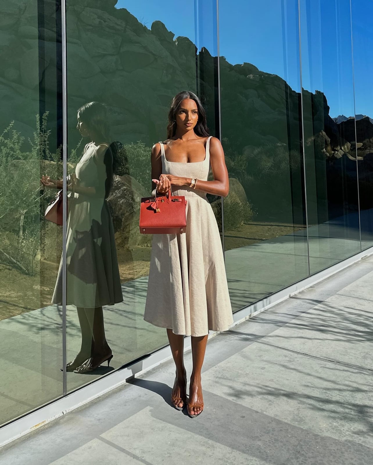 Beige Fit-and-Flare Dress with Red Handbag Beige Fit-and-Flare Dress with Red Handbag — Rich Outfits